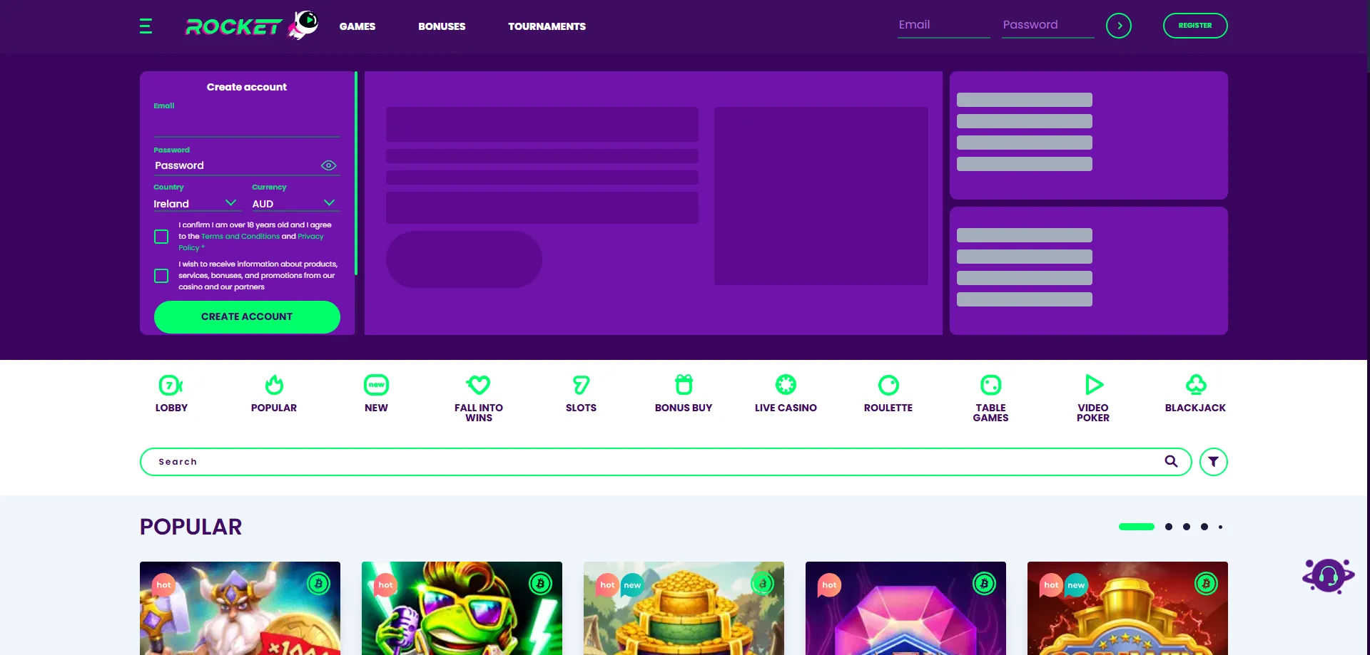 Casino Rocket online casino lobby — 3000+ games for AU players